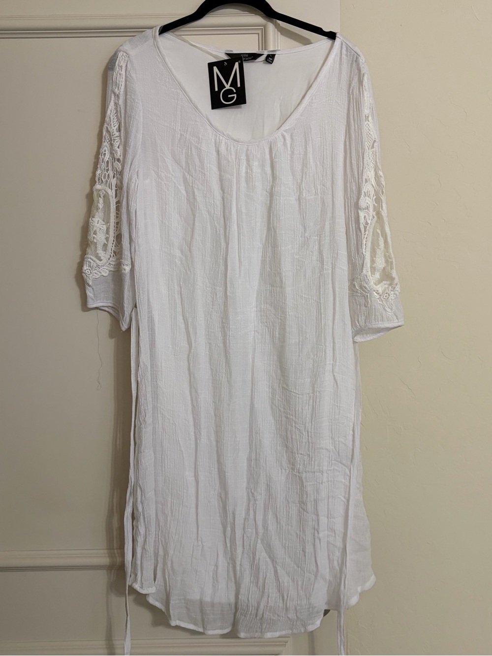 Mile Gabrielle Women’s White Lace Sleeve Boho Tunic Dress Size L NWT
